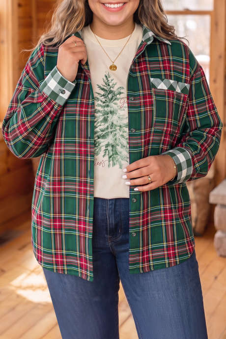 Camisa de manga larga a cuadros verdes de talla grande
