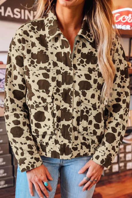 Giacca di jeans marrone stile western con stampa mucca e tasche cargo LC7881120-P1720