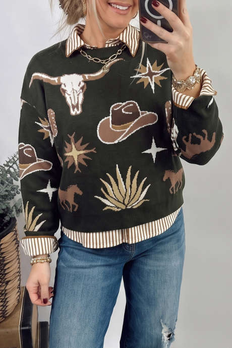 Suéter verde de manga larga con cuello redondo y estampado western