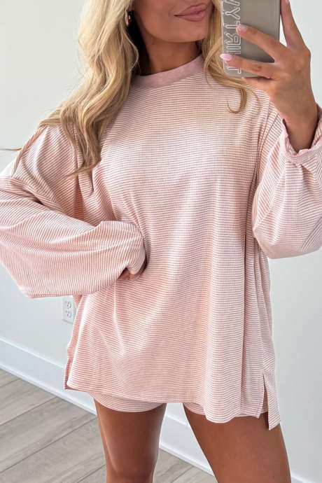 Pink Stripe Oversized Slit Pullover Top and Shorts Outfit