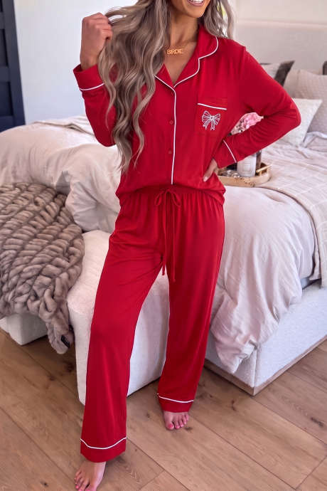 Set pijamale 2 piese cu cămașă cu mânecă lungă și buzunar cu fundă roșie Racing
