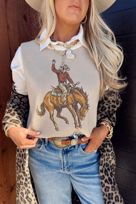 Chaleco de punto sin mangas con estampado de rodeo del oeste en color pergamino