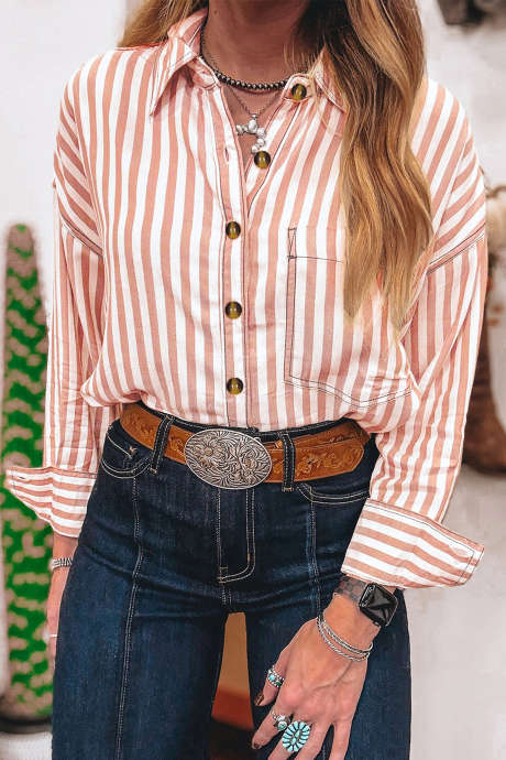 Chemise décontractée à rayures marron style western, manches longues, boutonnée