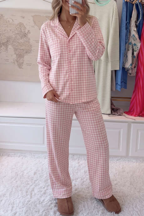 Conjunto de pijama de 2 piezas: camisa de manga larga con solapa y pantalón de cuadros rosas.