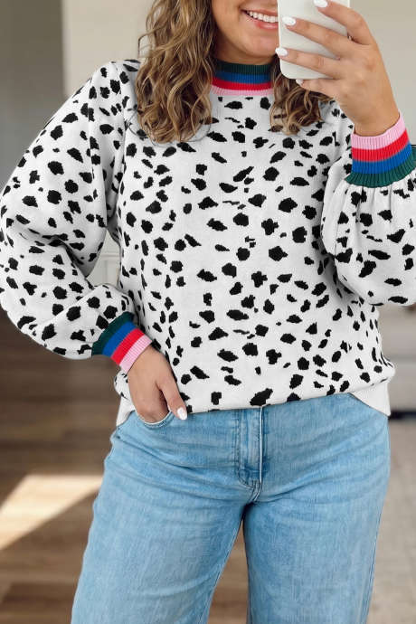 Weißer Tunika-Pullover mit Leopardenmuster, Colorblock-Design, Rundhalsausschnitt und langen Ärmeln in Übergröße