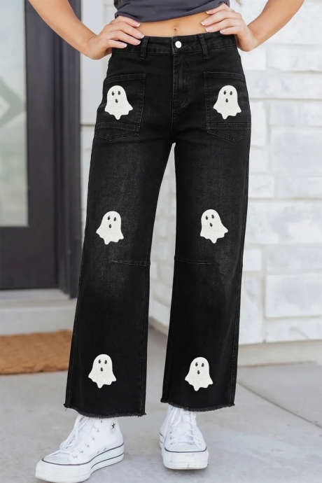 Zwarte casual jeans met pailletten en spookpatches, rafelige zoom.