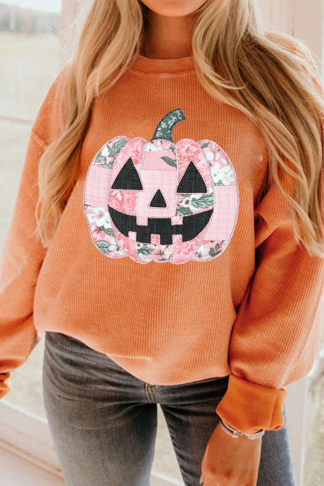 Sudadera tipo túnica de cuello redondo acanalado con estampado de calabazas y patchwork naranja