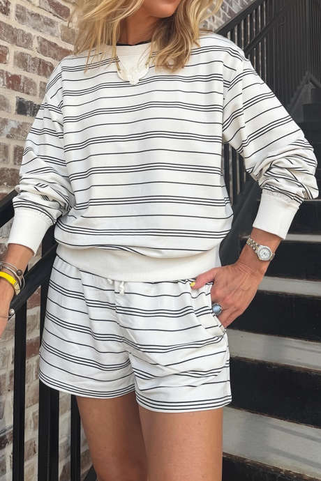 Black Stripe Casual Long Sleeve Two Piece Casual Shorts Set