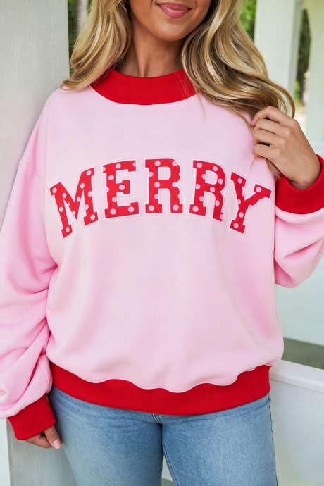 Pinkfarbenes Sweatshirt mit kontrastierendem Polka-Dot-Print und Slogan-Grafik in Übergröße (Farbblock-Design)