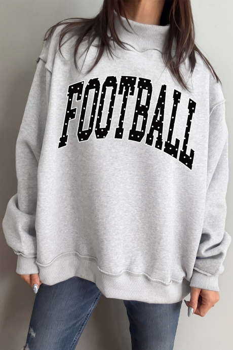 Hellgrauer Pullover mit Polka-Dot-Fußball-Buchstabenprint, Stehkragen und langen Ärmeln