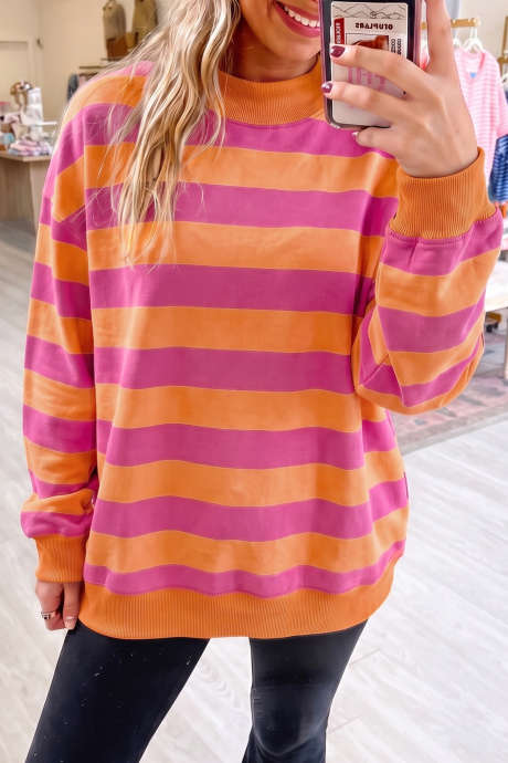 Sweat-shirt décontracté à rayures orange et col montant colorblock