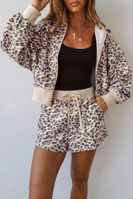 Conjunto de pantalón con capucha, cremallera y cordón ajustable con estampado de leopardo multicolor