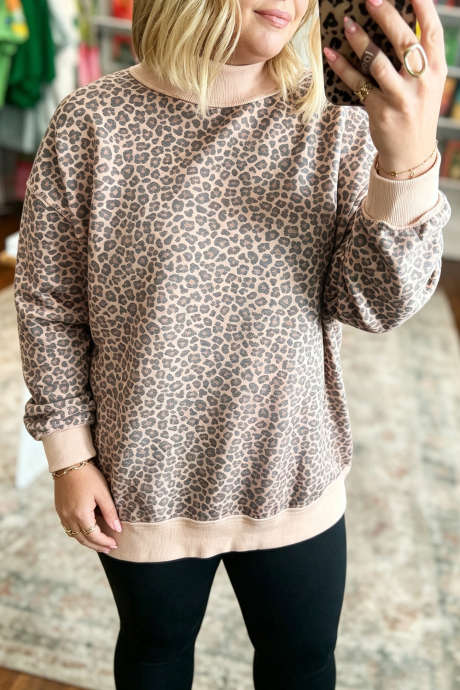 Bluza-tunika z nadrukiem w panterkę w dużym rozmiarze, prążkowana, z blokami kolorów i golfem