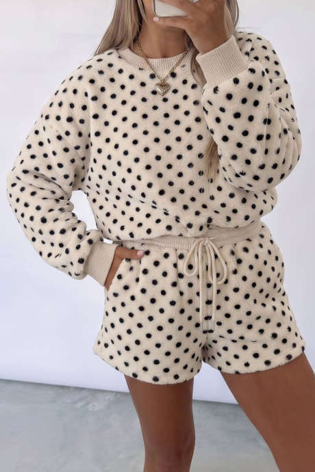 Beige Fleece Polka Dot Long Sleeve Top Drawstring Shorts 2pcs Set