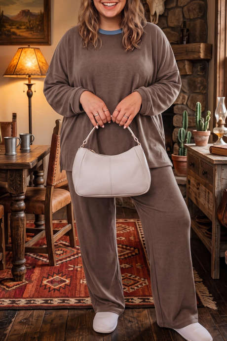 Dunkelbraunes Langarm-Set mit Rundhalsausschnitt und Patchwork-Farbblock-Design in Übergröße