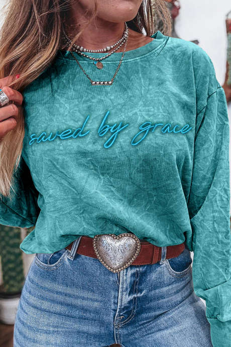 Seegrünes, lockeres Sweatshirt mit Buchstabenstickerei und Mineralwaschung