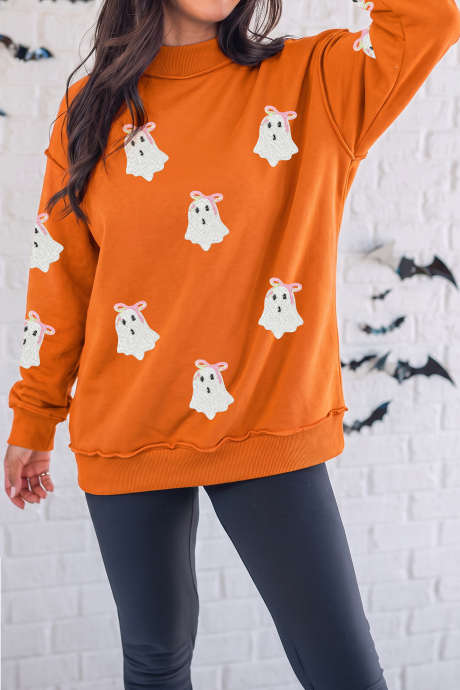 Sudadera tipo jersey con cuello alto y estampado de fantasmas de lentejuelas de zanahoria y costuras expuestas.