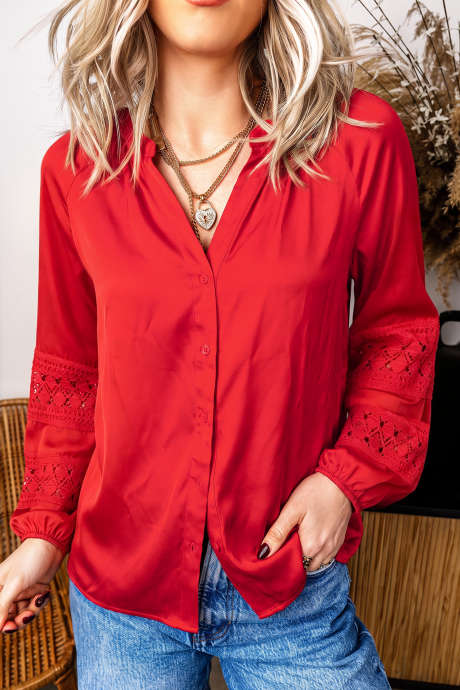 Camisa roja fuego de manga larga con cuello en V y botones delanteros, con encaje y patchwork LC2542917-P3