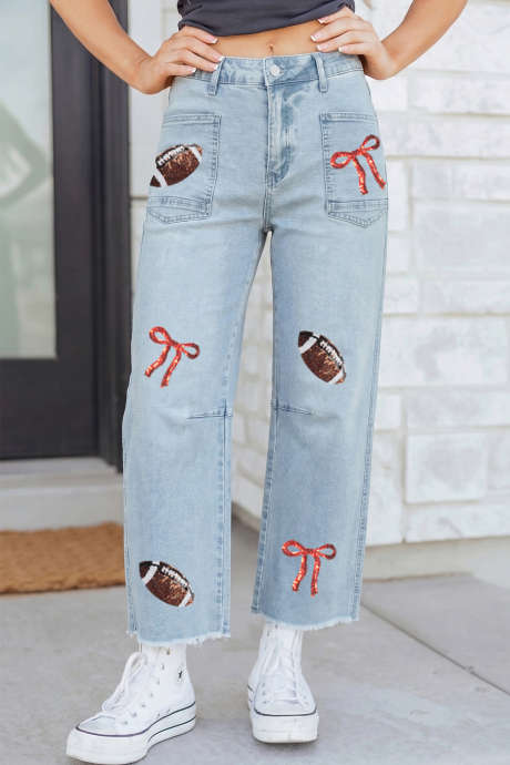 Beau Blue Sequin Rugby Bow Graphic Raw Hem Shift Jeans
