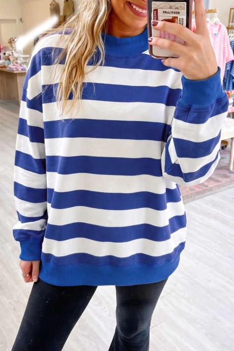 Sweat-shirt décontracté à rayures bleues et blocs de couleur, col montant