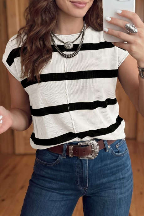 Puting Guhit na Knit Western Short Sleeve Sweater