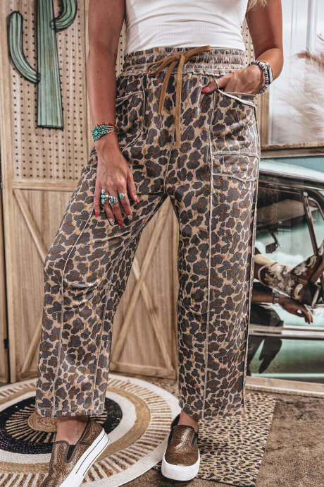 Pantalon décontracté léopard marron à coutures apparentes et cordon de serrage