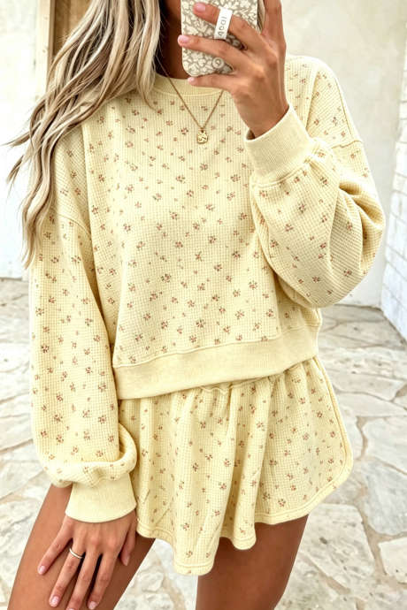 Yellow Cream Floral Waffle Textured Long Sleeve Pullover Casual Skort Set
