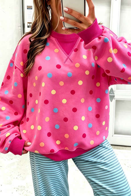 Poselyserød farverig polkaprikket langærmet casual sweatshirt