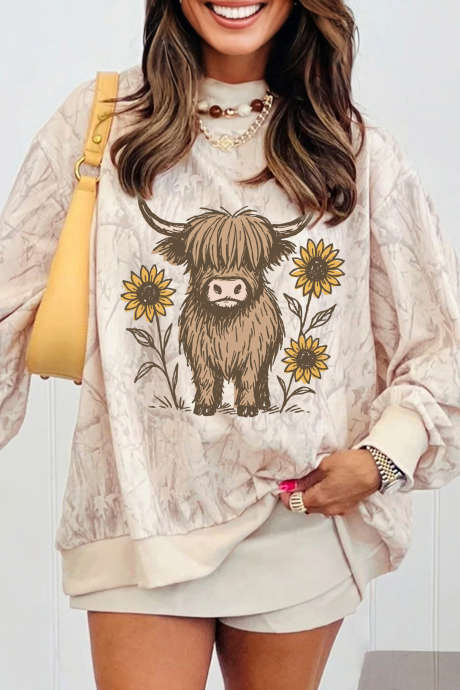 Khaki casual sweatshirt met westernprint en camouflageprint.