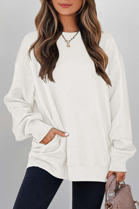 Sudadera blanca lisa de cuello redondo con textura y hombros caídos