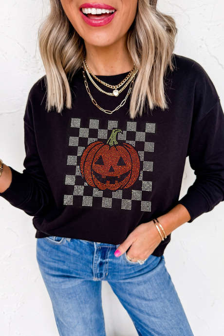 Zwart T-shirt met lange mouwen en pompoenprint met strasssteentjes