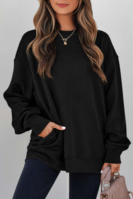 Sudadera negra lisa de cuello redondo con textura y hombros caídos