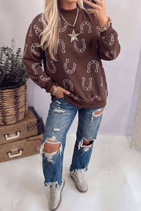 Moletom casual de gola alta com estampa de ferradura marrom estilo faroeste