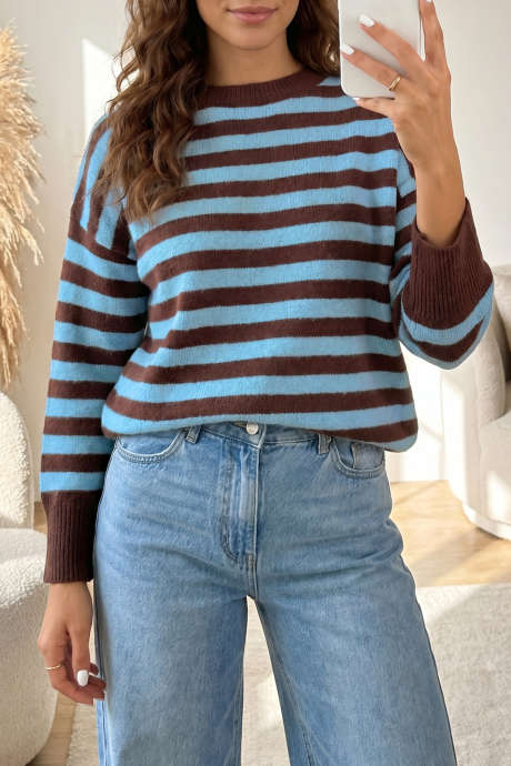 Maluwag na Sweater na may Pumulupot na Crew Neck na may Kulay na Kayumanggi