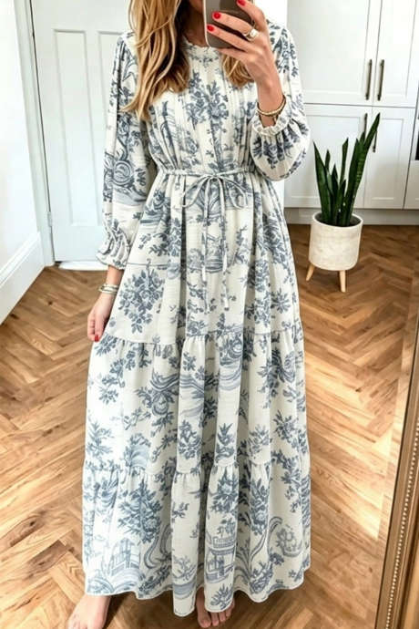 Abito lungo a maniche lunghe con stampa floreale bianca