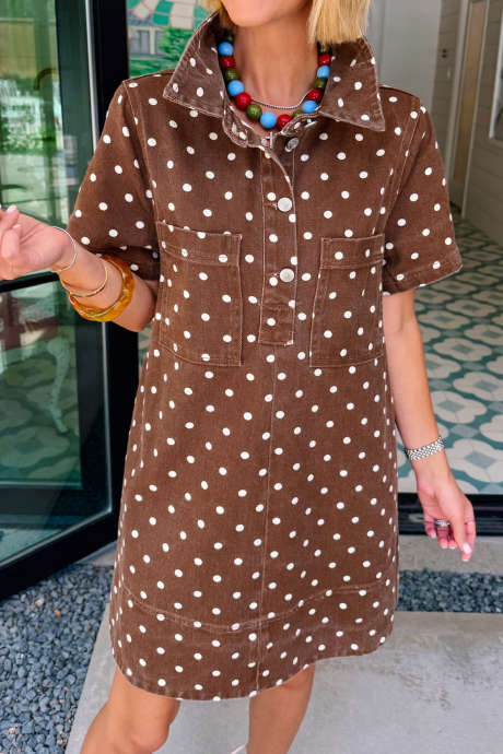 Brown Polka Dot Short Sleeve Collared Shift Denim Short Dress