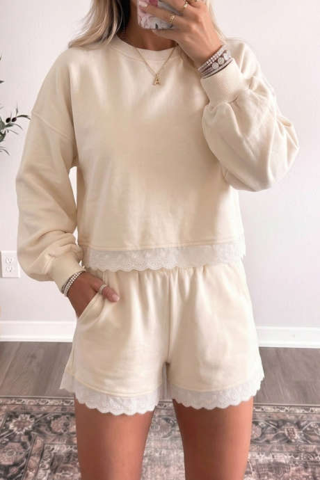 Apricot Eyelet Lace Trim Long Sleeve Top Casual Shorts Set