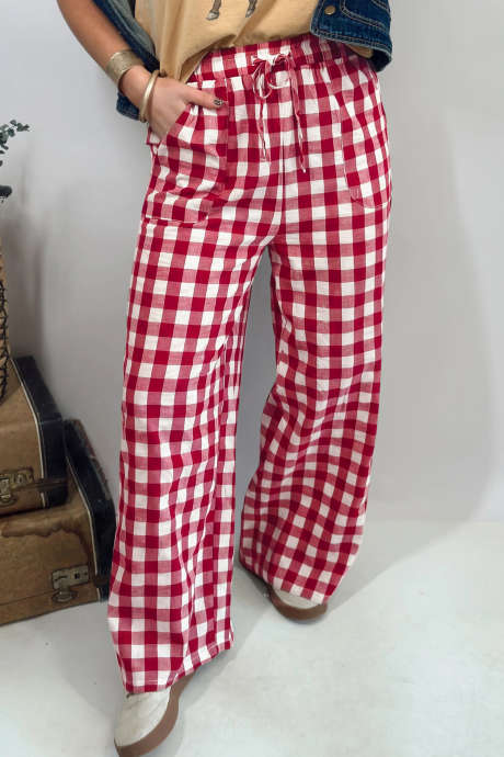 Pantalon à carreaux vichy rouges et taille élastique à nouer