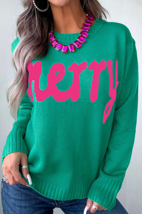 Matingkad na Berdeng Merry Print Ribbed Trim Round Neck Loose Fit na Sweater