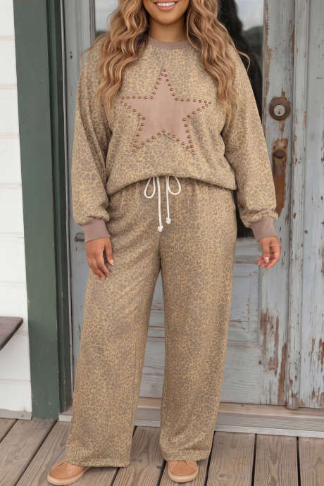 Khakifarbenes Langarmshirt mit Leopardenmuster, Sternenapplikationen und Colorblock-Design, Plus-Size-Hose mit Kordelzug