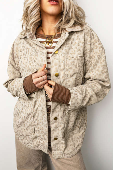 Khaki corduroy overhemd met luipaardprint, kraag, lange mouwen, normale pasvorm.