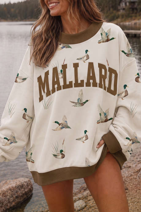 Sudadera holgada beige con estampado de letras de pato ánade real occidental