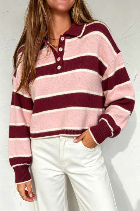 Suéter de punto informal de manga larga con cuello polo y puños acanalados a rayas rosas LC2729042-P10