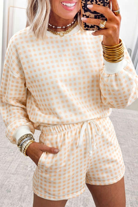 Conjunto informal de 2 piezas: jersey holgado de cuadros amarillos con cordón ajustable y shorts (LC629605-P720)