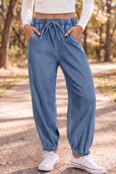 Dunkelblaue Haremsjeans mit elastischem Bund und Knöchellänge