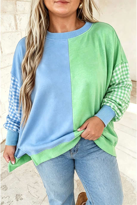 Světle modrá barevná bloková patchworková mikina s kostkovanými rukávy, moderní, plus size