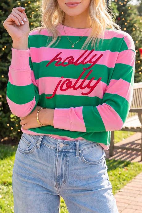 Sudadera verde con rayas y letras bordadas "Holly Jolly"