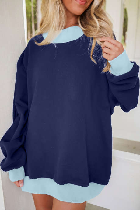 Sweatshirt lengan panjang berkerah bulat dengan trim blok warna biru kotor
