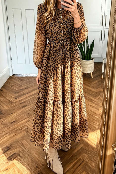 Rjava obleka z dolgimi rokavi in ​​leopardjim potiskom, z gumbi in zavezovanjem v pasu LC6130704-P1720