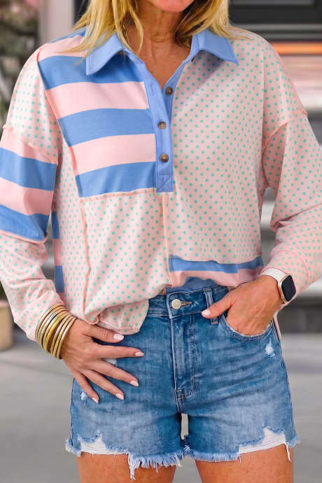 Top de manga larga con cuello tipo polo, estampado de lunares y rayas rosas (LC25139004-P1020)